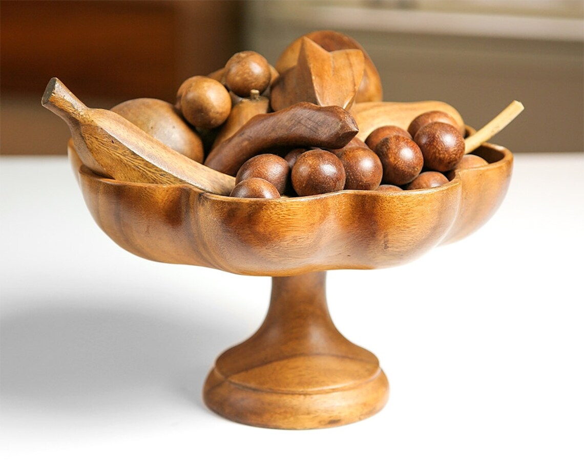 Vintage Mid Century Modern Wooden Fruit Bowl with Wooden Fruit Etsy