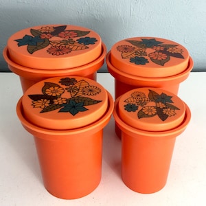 Vintage Kitchen Canister Set, 1970s Kitchen Canisters, 1960s Kitchen Decor, Orange Canisters