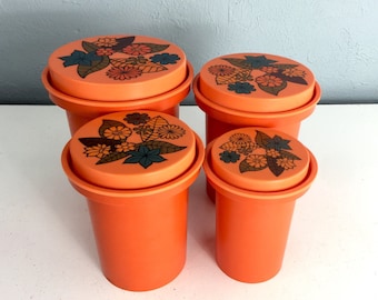 Vintage Kitchen Canister Set, 1970s Kitchen Canisters, 1960s Kitchen Decor, Orange Canisters