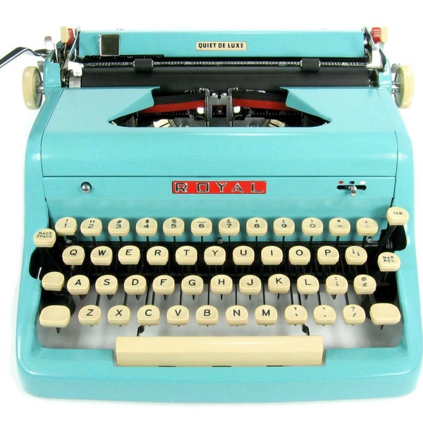 1957 Turquoise Royal Quiet DeLuxe Typewriter with Original Case and Vintage Metal Ribbon Spools - Royal Typewriter