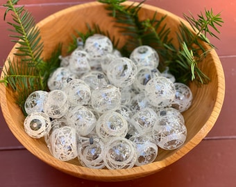 Vintage Ornaments Small Clear Blown Glass with White Sparkle, Set of 52