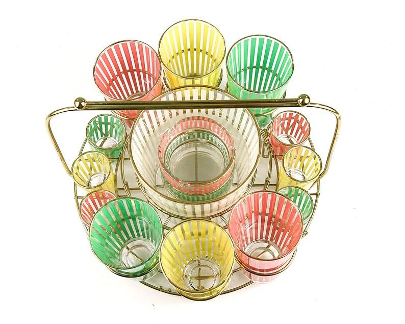 Vintage Striped Barware Set Mid Century Barware Bar Set Etsy