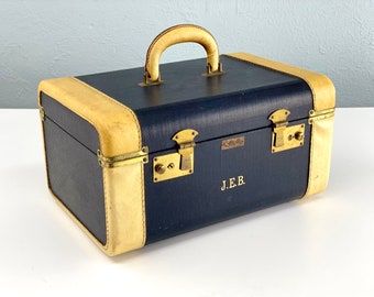 Vintage Blue Two Tone Train Case with Leather Trim and Handle, by Air Ace Luggage