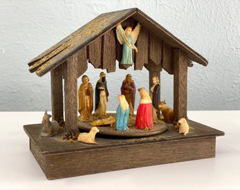 Vintage Christmas Music Box, Art Plastic, Antique Christmas Decor, Made in British Hong Kong, Vintage Small Nativity