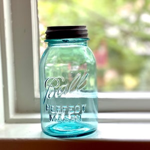 Antique Ball Perfect Mason Jar, Vintage Blue Glass with Zinc and Milk Glass Lids