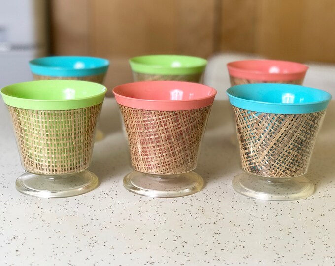 Vintage Raffiaware Dessert Cups in Pastel Colors, Set of Six Raffia