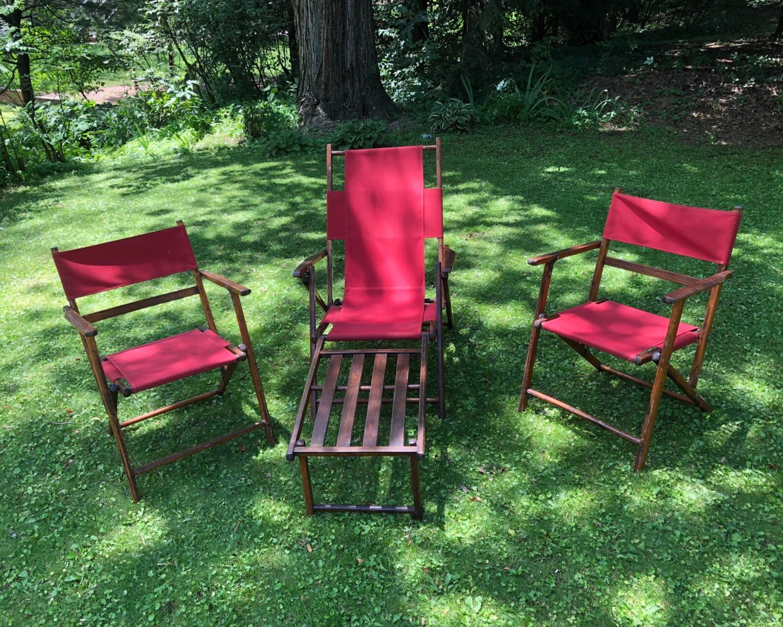 Antique Deck Chair Set Two Wood Folding Chairs and Lounger Etsy