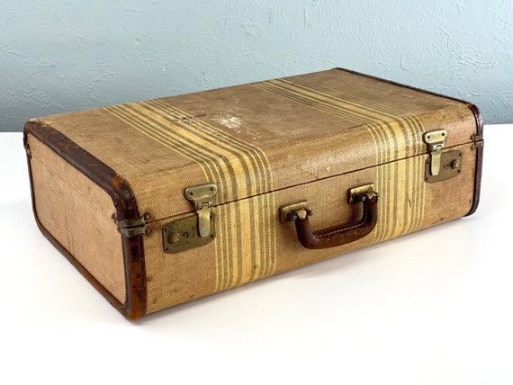 Vintage Striped Tweed Suitcase Vintage Travel Photo Prop 