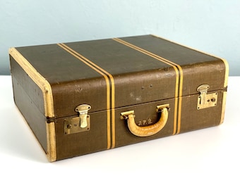Vintage Large Striped Tweed Suitcase, Old Suit Case, Vintage Suitcase, Photo Prop, Vintage Luggage, Stage Props, Marvelous Mrs Maisel