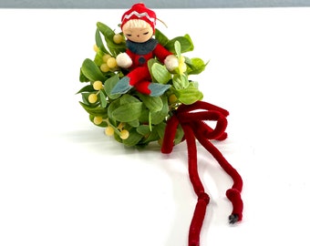 Vintage Mistletoe Plastic Christmas Decoration with Elf, Hanging Christmas Decor, 1950s Christmas