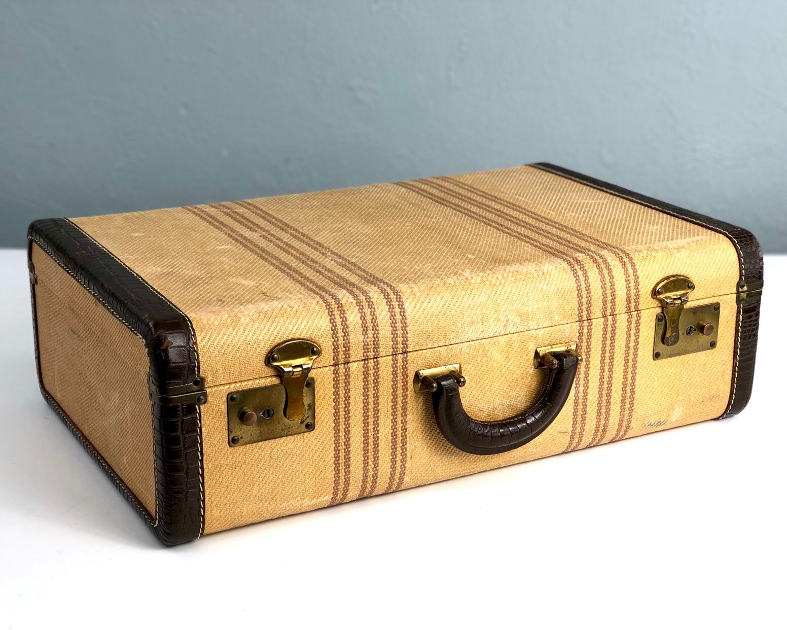 Vintage Striped Tweed Suitcase Old Suit 