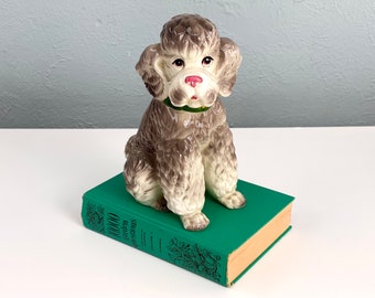 Vintage Ceramic Poodle Dog Bank, Gray Dog