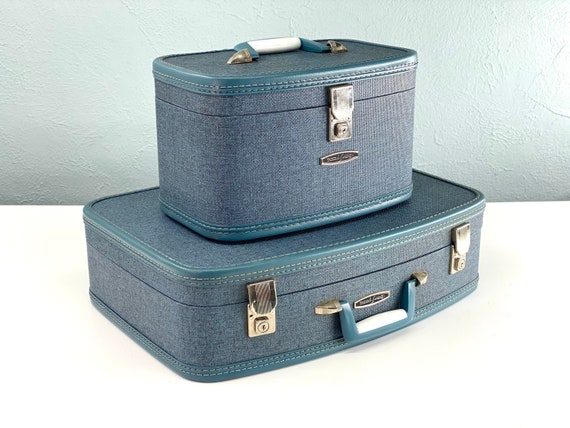 Vintage Travel Smart Blue Tweed Luggage Set Medium Suitcase 