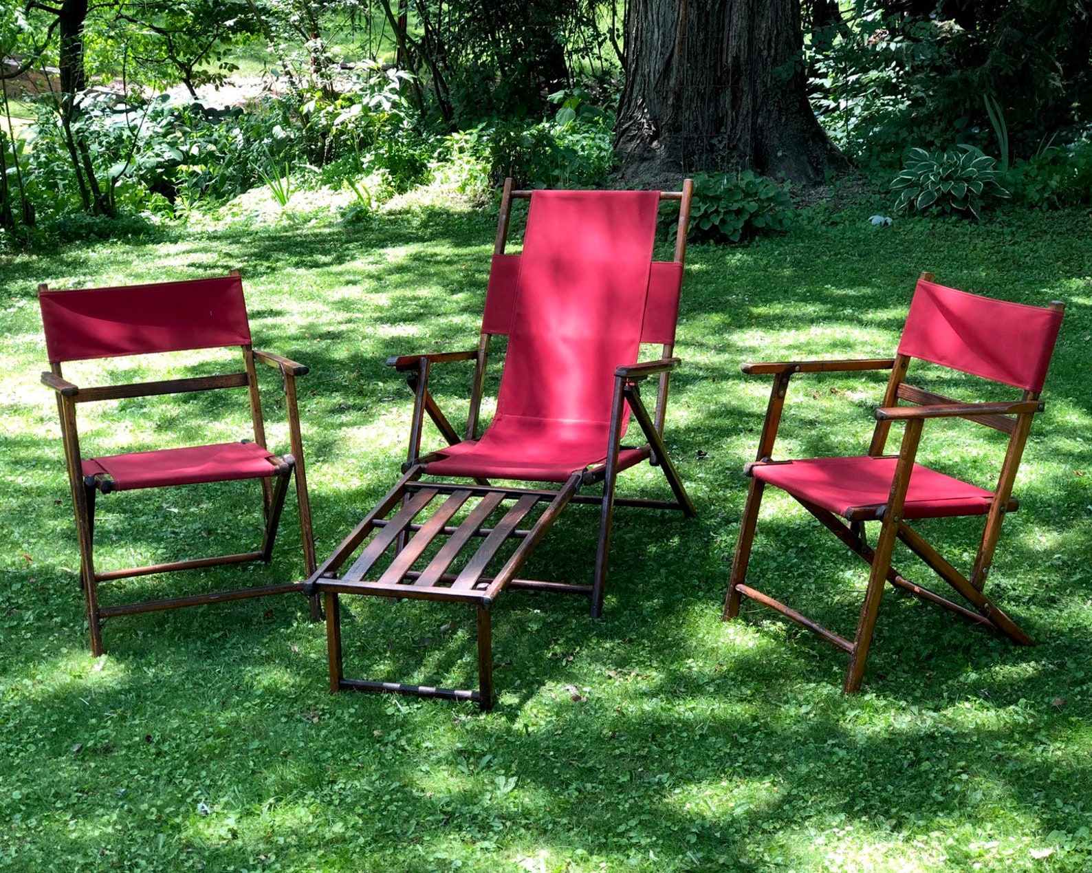 Antique Deck Chair Set Two Wood Folding Chairs and Lounger Etsy