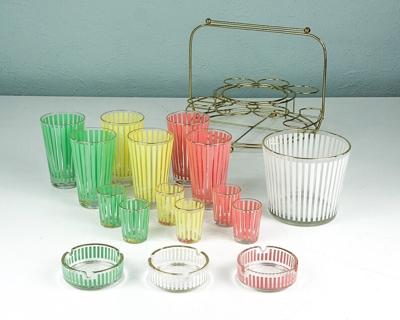 Vintage Striped Barware Set Mid Century Barware Bar Set Etsy