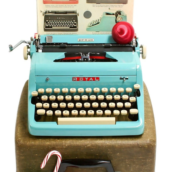 1957 Turquoise Royal Quiet DeLuxe Typewriter with Original Case and Vintage Metal Ribbon Spools - Royal Typewriter
