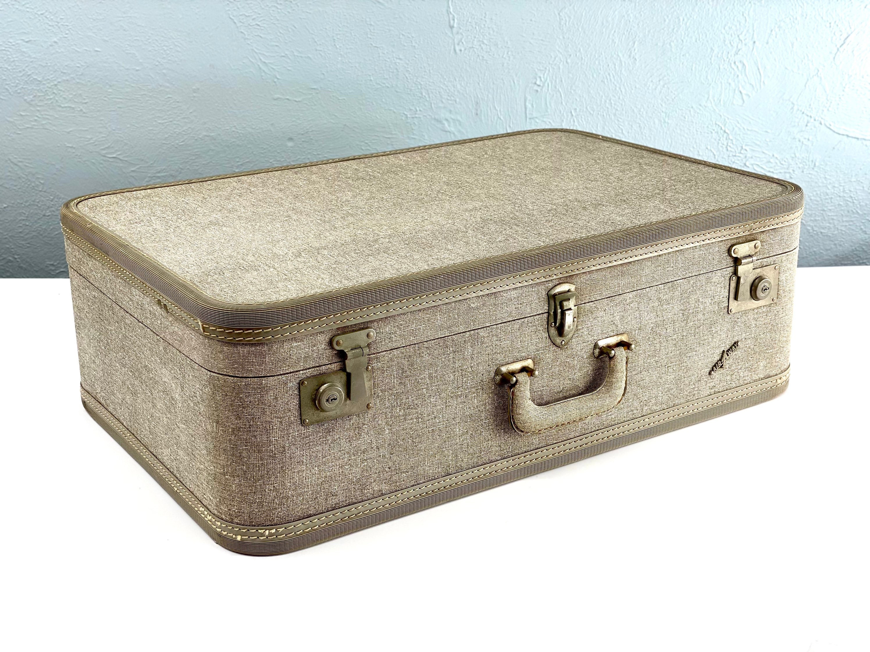 Large Vintage Suitcase, Gray Tweed Airway Luggage With Red