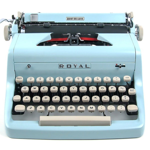 1955 Blue Royal Typewriter / Quiet Deluxe with Original Case and Vintage Metal Ribbon Spools