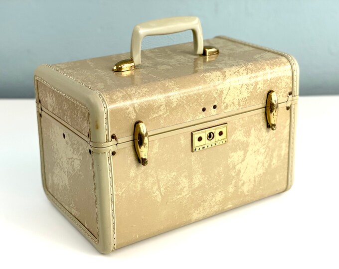 Vintage Samsonite Train Case, Cream Marble Small Suitcase, Samsonite