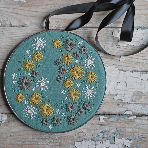 Hoop Art Hand Embroidered Felt Aloe Green Mustard Yellow Pewter Grey in Vintage Metal Hoop Embroidery by love maude