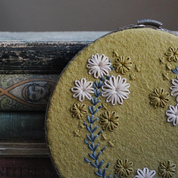 Hoop Art in Pear Green Wool Felt with Pale Pink and  Pewter Grey Embroidery by lovemaude