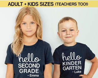 First Day of School Shirt for Boys Girls or Teachers | 1st Day of Kindergarten Tshirt with Custom Name, T Shirt for K-12 Hello Second Grade