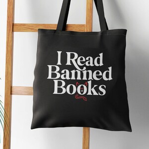 I Read Banned Books Heavy Canvas Tote Bag with Text and Red Devil Horns