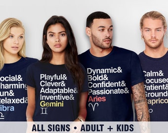 Camisetas del zodiaco a juego con los rasgos de tu signo zodiacal, idea de regalo astrológico, camisetas del zodiaco para mujeres, hombres o niños, camiseta del signo zodiacal, Piscis, Libra, Leo
