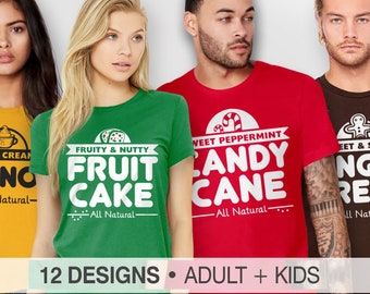 May include: Four t-shirts with different Christmas-themed designs. The designs include "Rich & Cream Eggnog", "Fruity & Nutty Fruit Cake", "Sweet Peppermint Candy Cane", and "Sweet & Spicy Gingerbread". Each design has the text "All Natural" underneath.