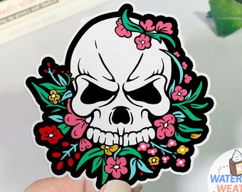 Skull and Flowers Sticker, aesthetic stickers, floral skull decal for water bottle, WATERPROOF artistic stickers with art, decal illustrated