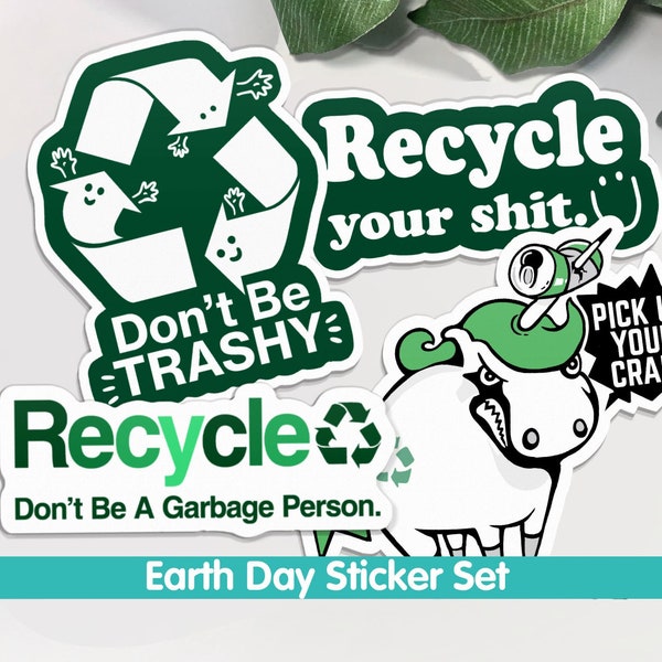 Recycling Sticker Pack, Funny Stickers for Earth Day, Stickers for water bottle, recycle sticker for laptop, WATERPROOF vinyl decals, symbol