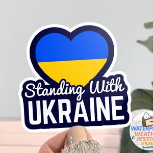 Pegatina "Apoyo a Ucrania", pegatina de apoyo a Zelensky, pegatina IMPERMEABLE "Apoyo a Ucrania", pegatina con forma de corazón con la bandera de Ucrania contra Putin