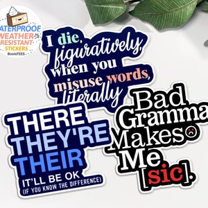 Grammar Sticker Pack, English teacher stickers for water bottle or laptop, stickers with quote, stickers for writer, gift idea, WATERPROOF