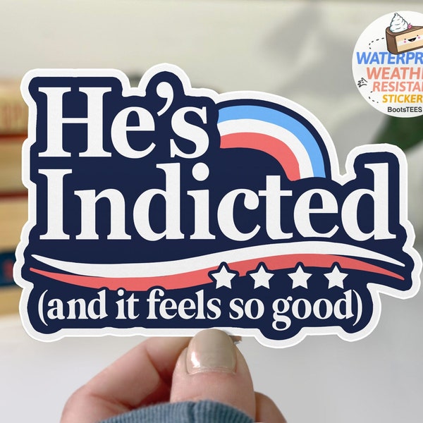 Trump Indictment Sticker, Funny Trump Arrest Sticker, He's Indicted and It Feels So Good WATERPROOF vinyl decal, anti Donald Trump slogan