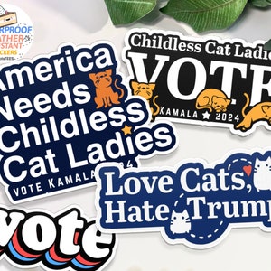 Paquete de pegatinas Childless Cat Lady, Kamala Harris Vote Sticker Set para botella de agua portátil Divertidas calcomanías electorales 2024 lindas BootsTees impermeables