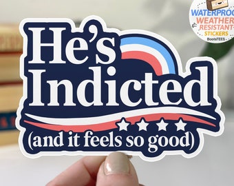 Trump Indictment Sticker, Funny Trump Arrest Sticker, He's Indicted and It Feels So Good WATERPROOF vinyl decal, anti Donald Trump slogan