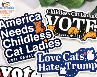 Kinderlose Katzenlady-Aufkleber, Kamala Harris Vote Sticker-Set für Laptop Wasserflasche Lustig 2024 Wahl-Abziehbilder niedliche wasserdichte BootsTees