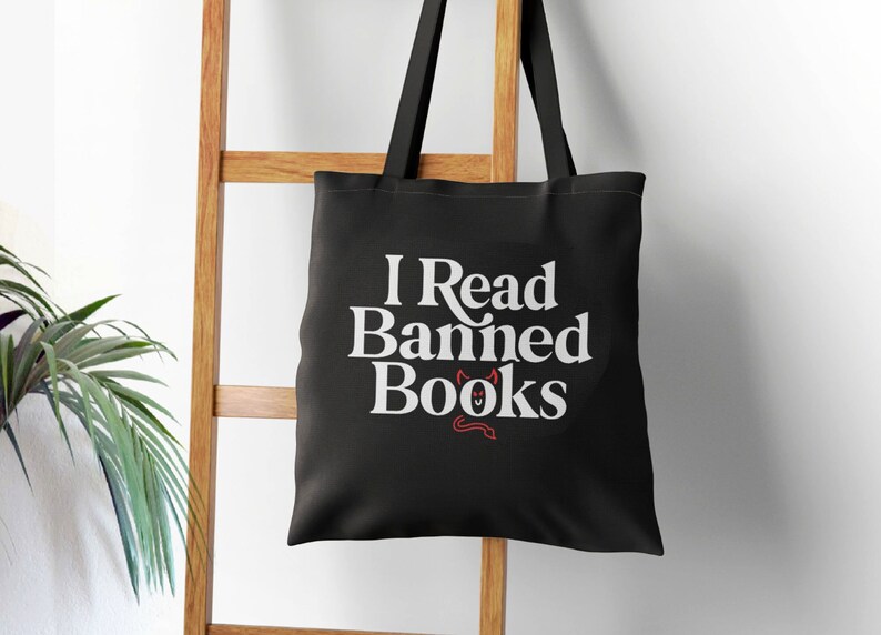 I Read Banned Books Heavy Canvas Tote Bag with Text and Red Devil Horns