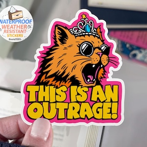 May include: A sticker featuring an orange cat wearing sunglasses and a crown, with the text "THIS IS AN OUTRAGE!" in yellow. The sticker has a pink border and includes the text "WATERPROOF WEATHER RESISTANT STICKERS".