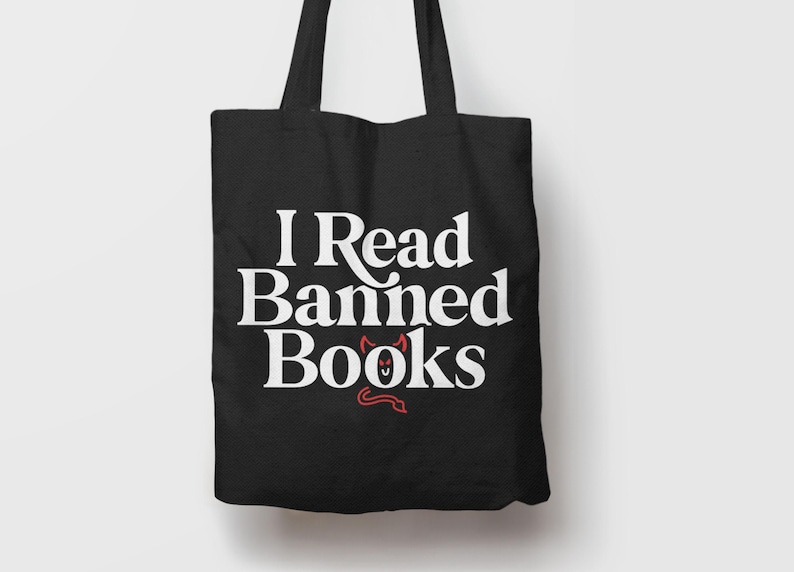 I Read Banned Books Tote Bag, Hand Drawn Funny Reading Quote Gift for Book Lovers, Canvas Carryall with Book Humor Slogan, BootsTees Totebag image 7