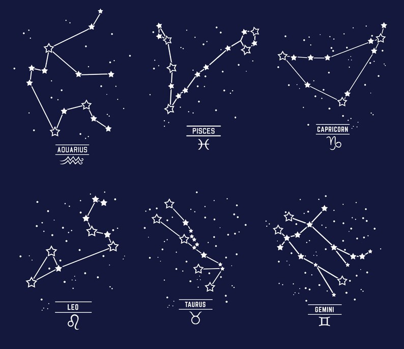 May include: A white outline of the zodiac constellations Aquarius, Pisces, Capricorn, Leo, Taurus, and Gemini on a dark blue background with white stars.