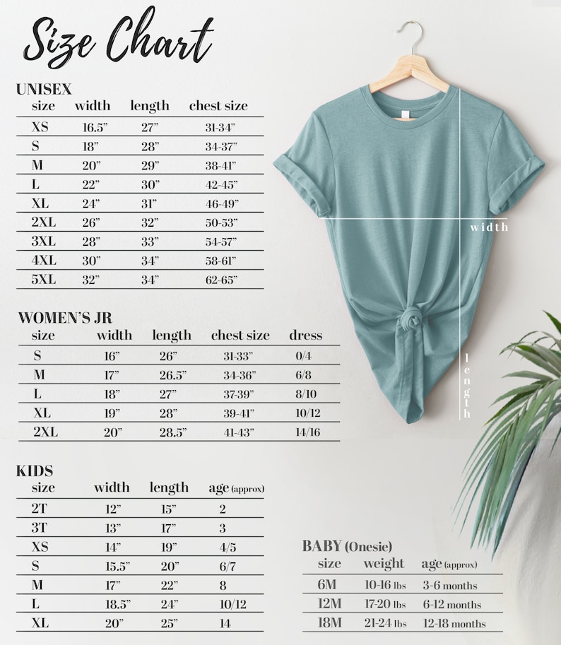 May include: Size chart for unisex, women's, kids, and baby clothing. The chart includes measurements for width, length, chest size, dress size, and age. The chart is displayed on a white background with a light blue t-shirt in the upper right corner.