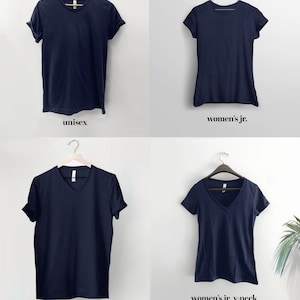 May include: Four navy blue t-shirts hanging on hangers against a white background. The t-shirts are displayed in four different styles: unisex, women's junior, unisex v-neck, and women's junior v-neck. The text "Style Guide" is displayed at the bottom of the image.