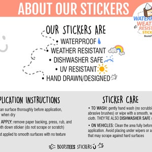 Op de afbeelding: Een afbeelding met de tekst "About Our Stickers" en een lijst met kenmerken: Waterdicht, Weerbestendig, Vaatwasserbestendig, UV-bestendig, Met de hand getekend/ontworpen.  Toepassingsinstructies en tips voor het verzorgen van stickers staan hieronder.