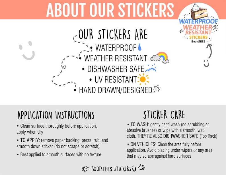 Op de afbeelding: Een afbeelding met de tekst "About Our Stickers" en een lijst met kenmerken: Waterdicht, Weerbestendig, Vaatwasserbestendig, UV-bestendig, Met de hand getekend/ontworpen.  Toepassingsinstructies en tips voor het verzorgen van stickers staan hieronder.
