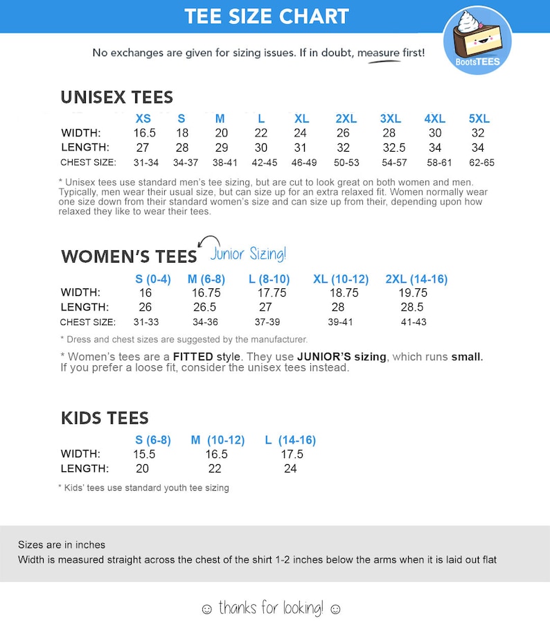 K&ouml;nnte beinhalten: Eine wei&szlig;e T-Shirt-Gr&ouml;&szlig;entabelle mit Ma&szlig;en in Zoll f&uuml;r Unisex-, Damen- und Kinder-T-Shirts. Die Tabelle enth&auml;lt Breiten-, L&auml;ngen- und Brustumfangsma&szlig;e f&uuml;r jede Gr&ouml;&szlig;e, von XS bis 5XL. Der Text "thanks for looking!" steht unten.