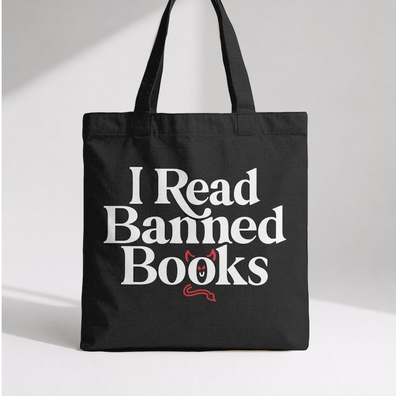 I Read Banned Books Tote Bag, Hand Drawn Funny Reading Quote Gift for Book Lovers, Canvas Carryall with Book Humor Slogan, BootsTees Totebag image 1