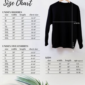May include: Size chart for unisex hoodies and sweatshirts, and kids sizes. The chart shows measurements in inches for width, length, and chest size. The chart also includes age approximations for kids sizes.