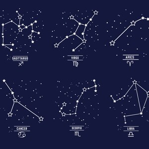 May include: A white outline of the zodiac constellations Sagittarius, Virgo, Aries, Cancer, Scorpio, and Libra on a dark blue background. Each constellation is labeled with its name and astrological symbol.