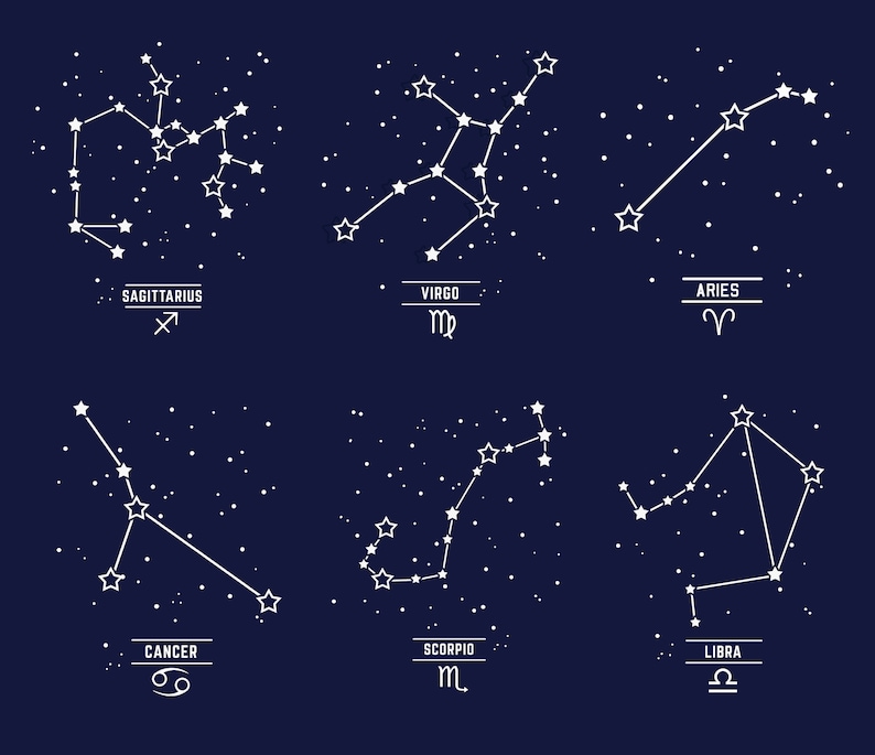 May include: A white outline of the zodiac constellations Sagittarius, Virgo, Aries, Cancer, Scorpio, and Libra on a dark blue background. Each constellation is labeled with its name and astrological symbol.